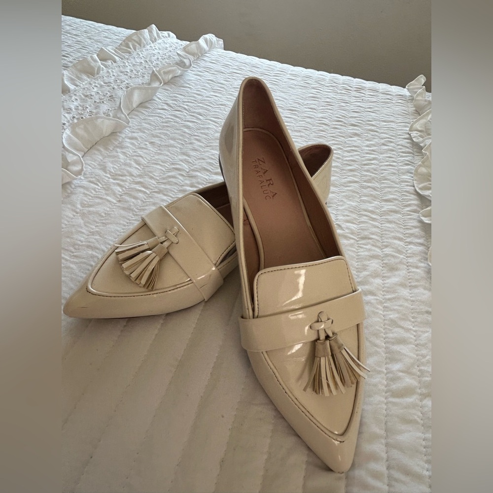 Zara Cream Patent Tassel Pointed Loafers